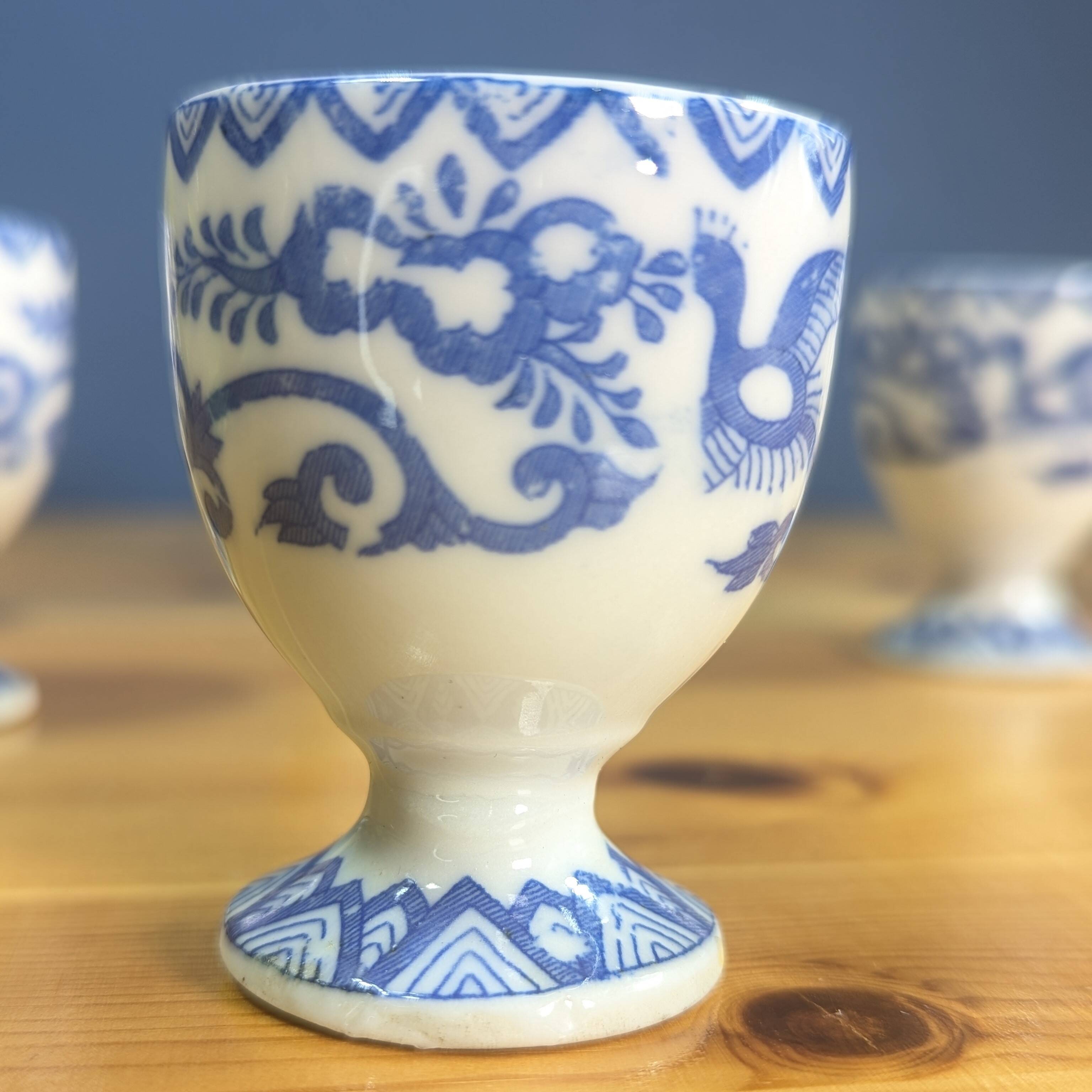 6 Japanese porcelain egg cups signed with blue bird flower geometry patterns