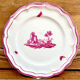 6 old flat table plates, Gien earthenware, pink landscape model.