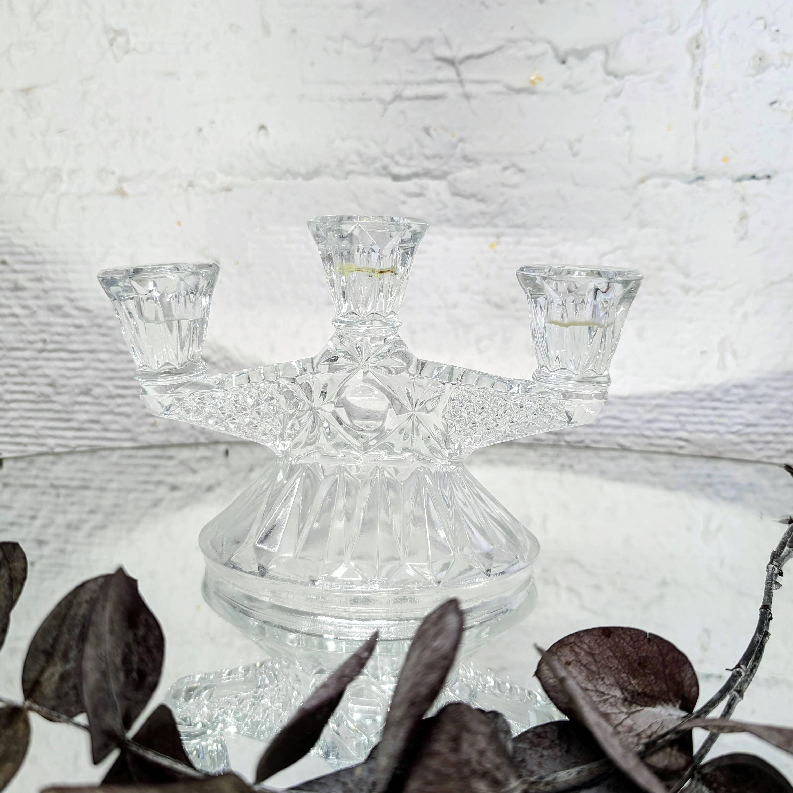 3-arm cut glass candle holder