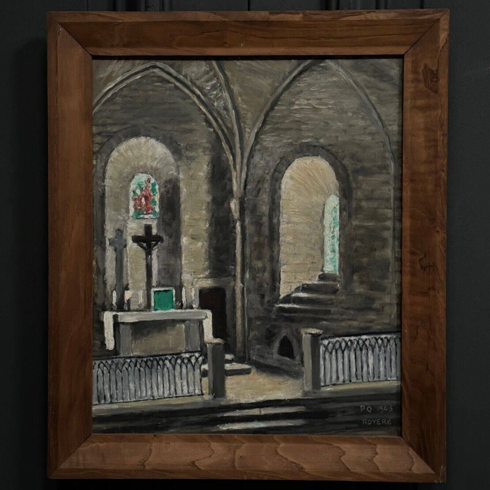 Oil on hardboard interior of a Breton church by PQ Royere 1965