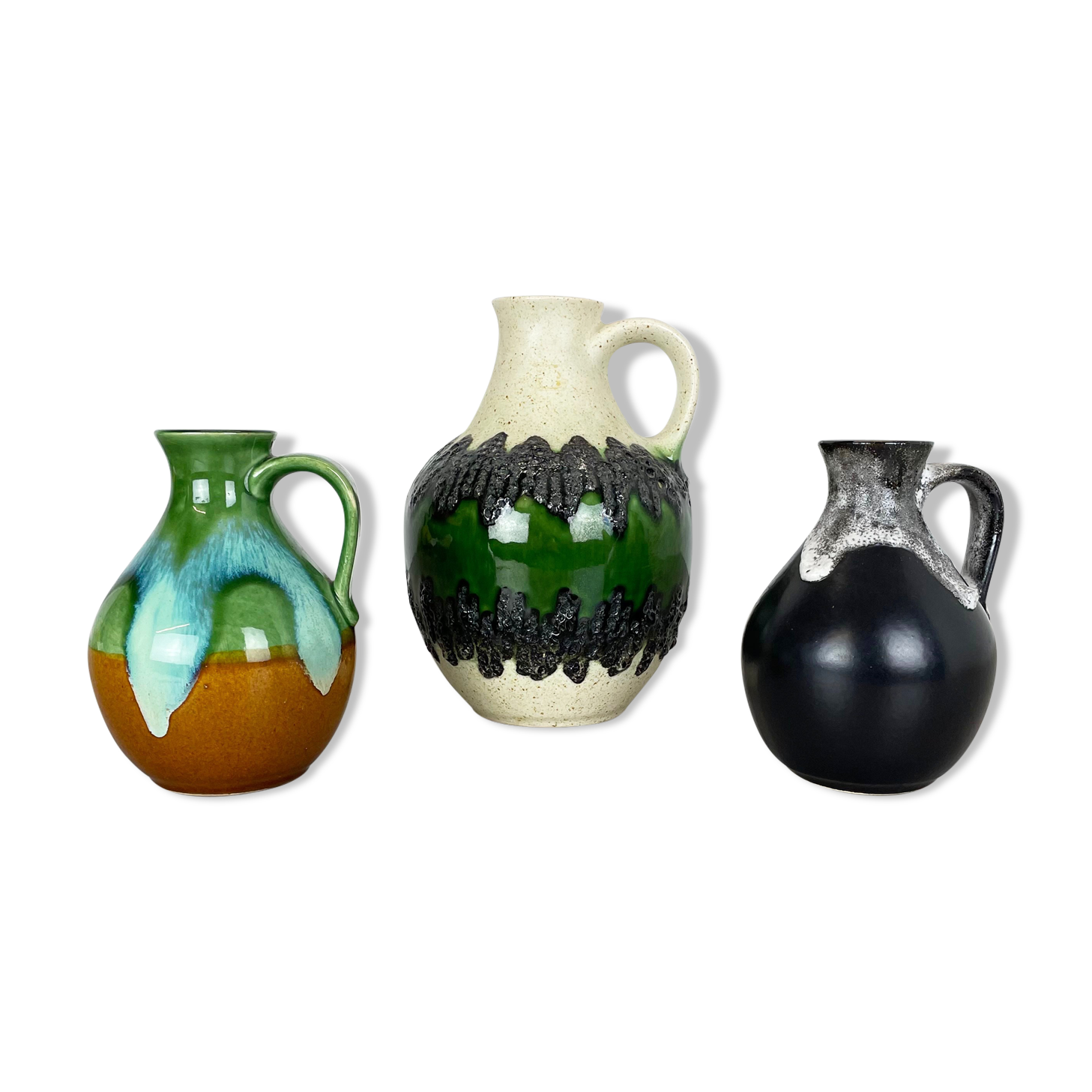 Set of 3 multi-color Fat Lava Op Art pottery vase made Bay Ceramics, Germany