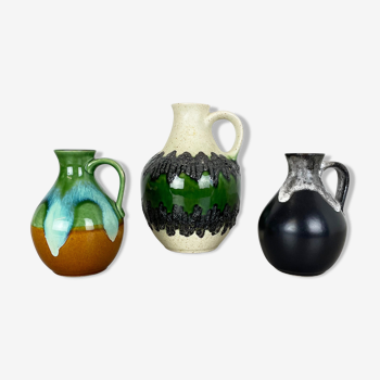 Set of 3 multi-color Fat Lava Op Art pottery vase made Bay Ceramics, Germany