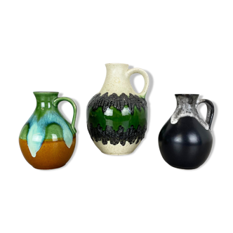 Set of 3 multi-color Fat Lava Op Art pottery vase made Bay Ceramics, Germany