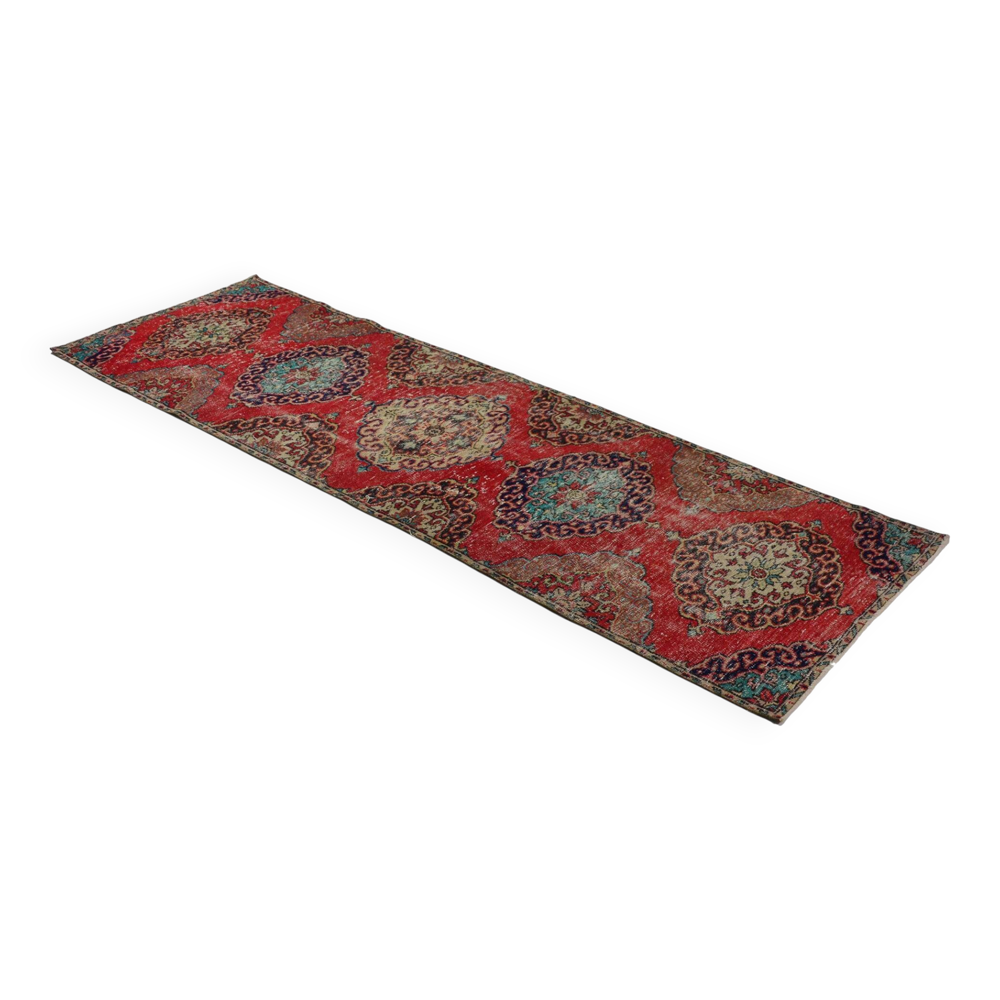 One-of-a-kind turkish handwoven vintage rug - rustic vintage charm 315x 96