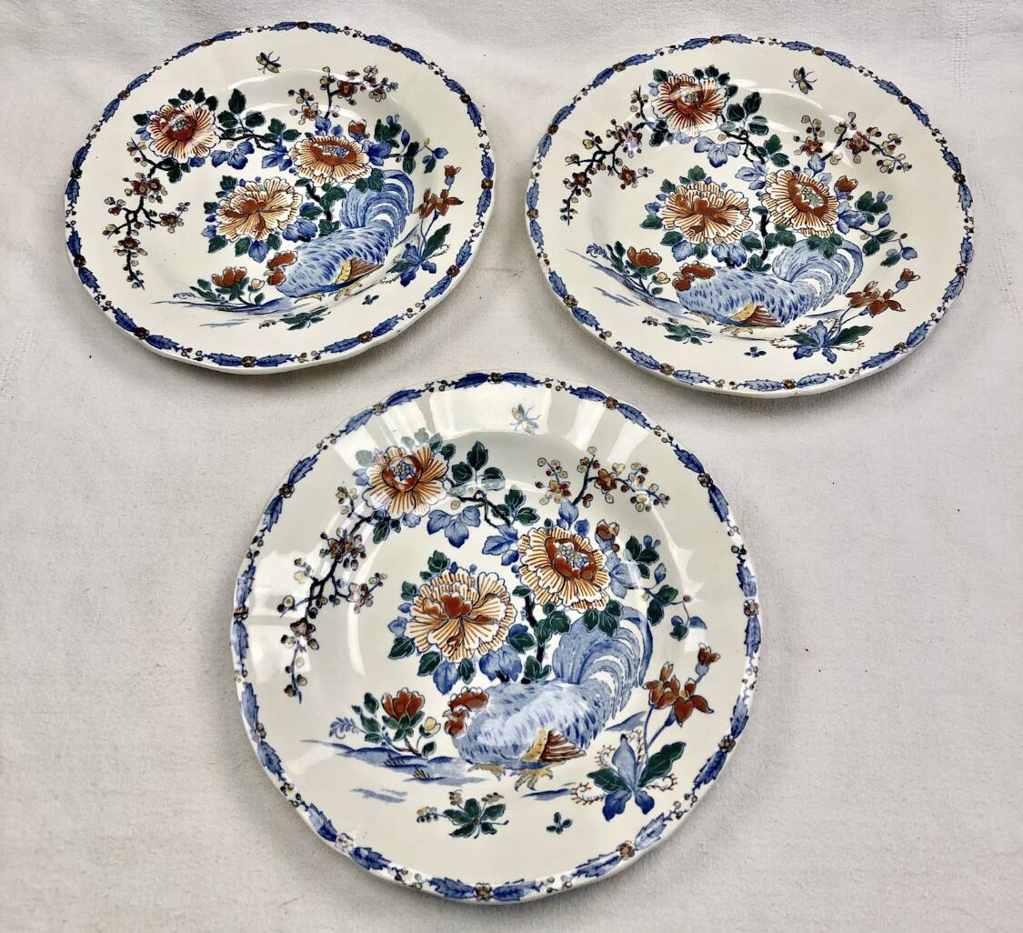 3 deep plates Gien peonies and rooster 1938/1960