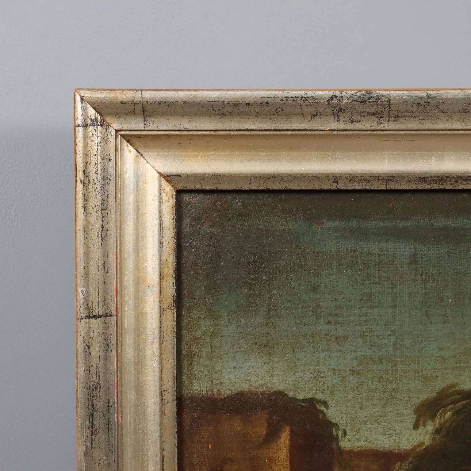 Ancient painting of a landscape with shepherds and herds, 18th century.