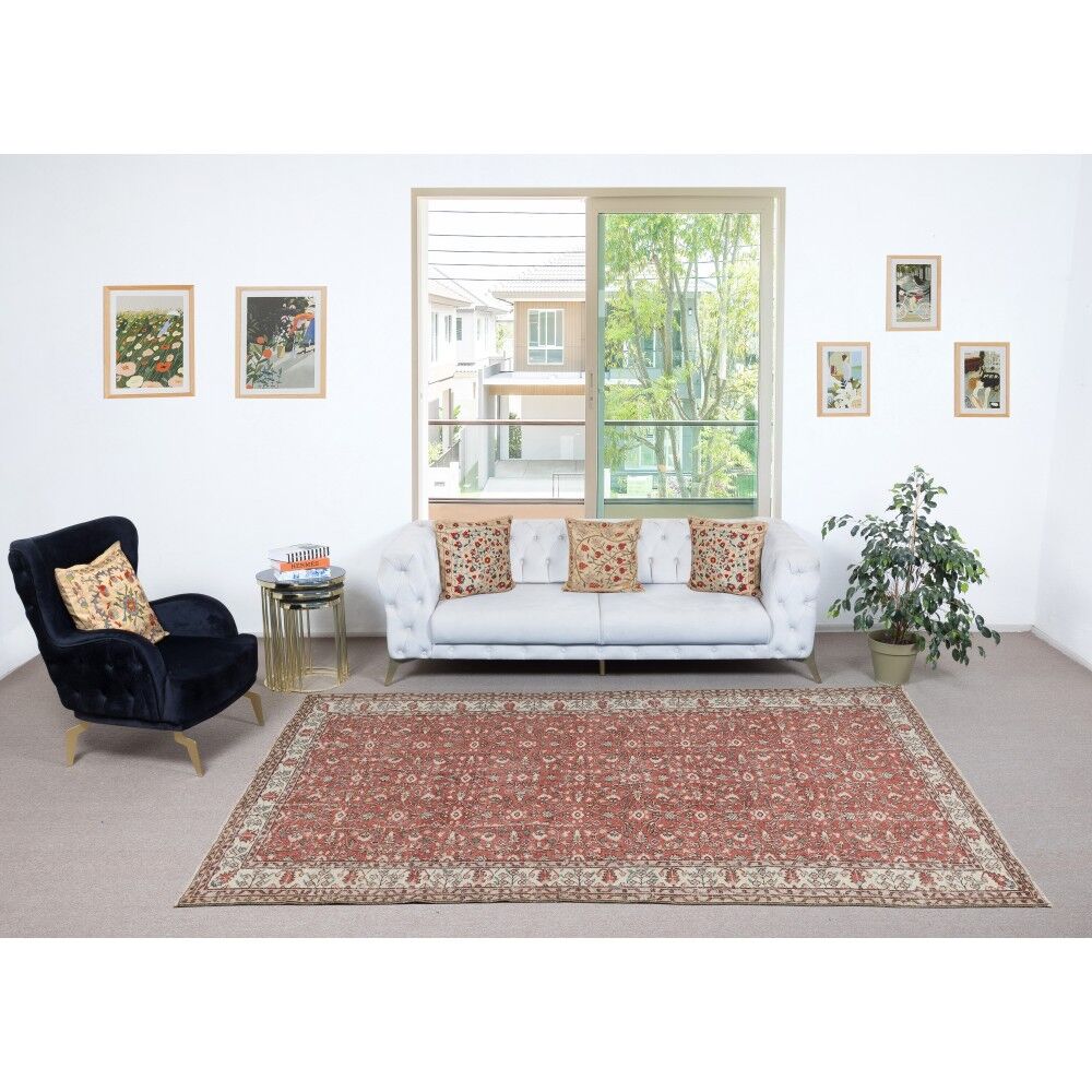 Vintage Handmade Turkish Red Wool Area Rug with Floral Design for Home and Office Decor