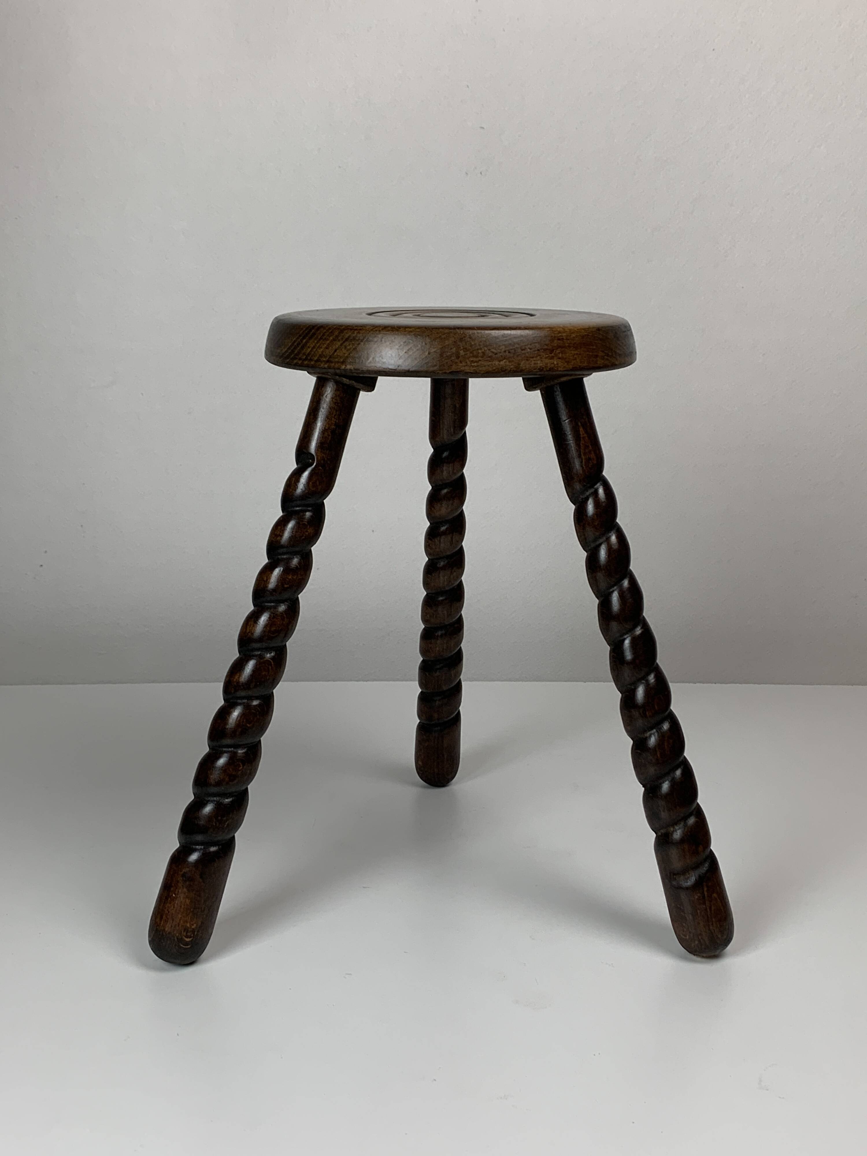 Pair of 2 midcentury brutalist modernist wood turned stools, ca 1950s