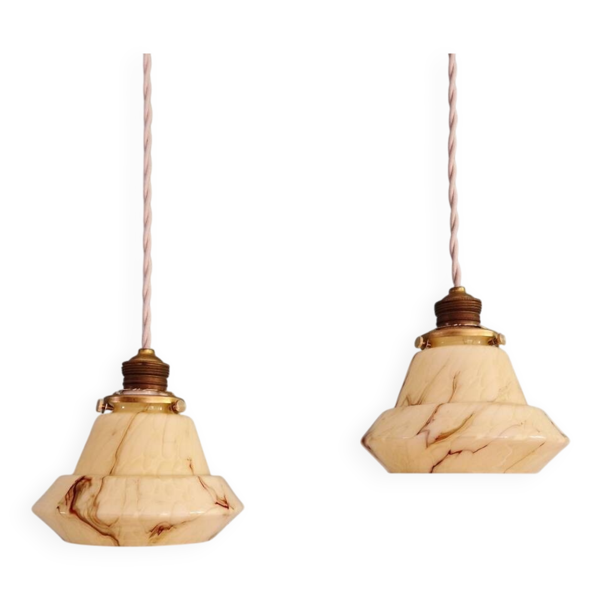 Pair of Art Deco marbled opaline pendant lights, Scailmont (Belgium)