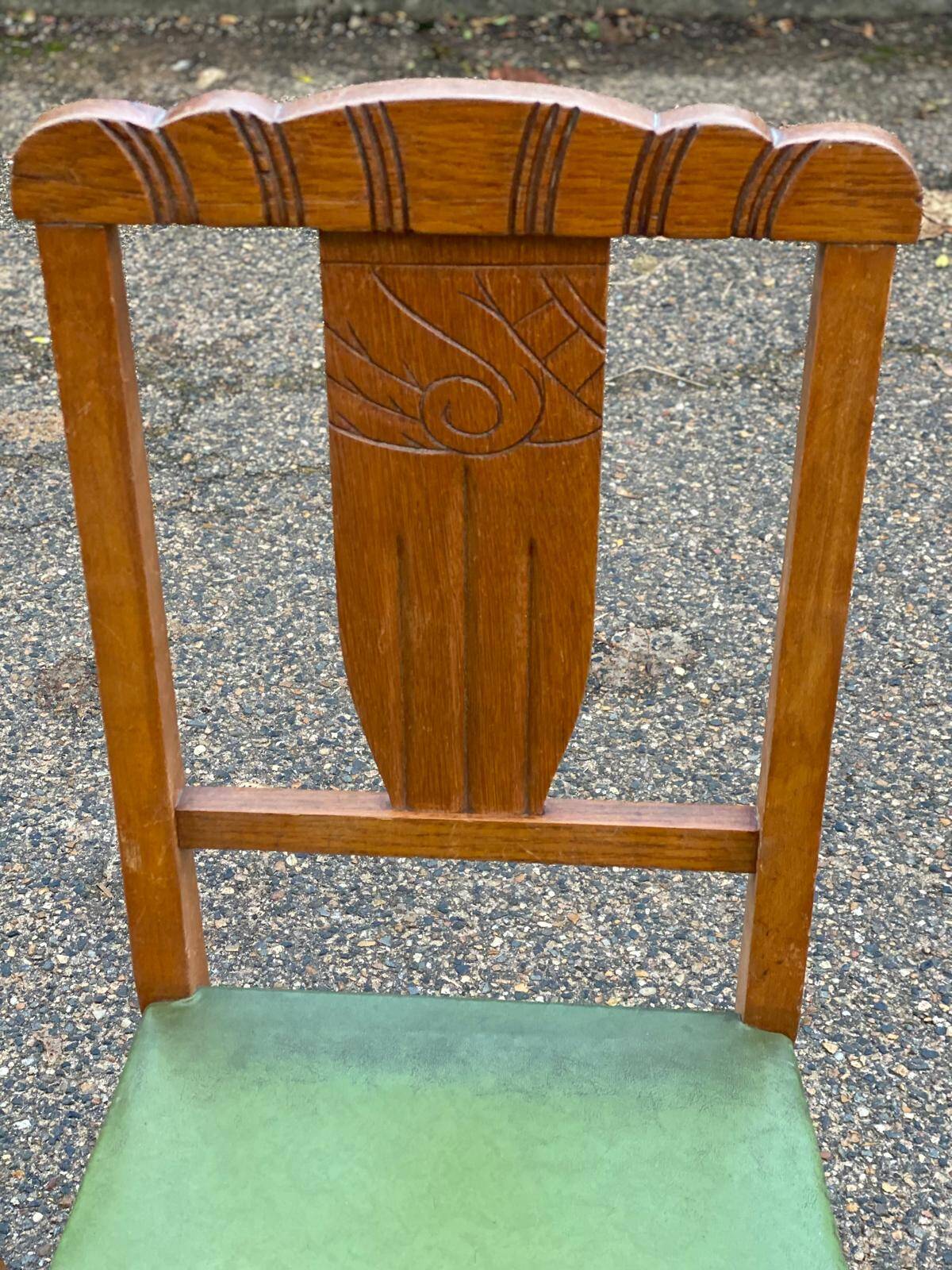 2 art deco dining room chairs in solid wood and green leather