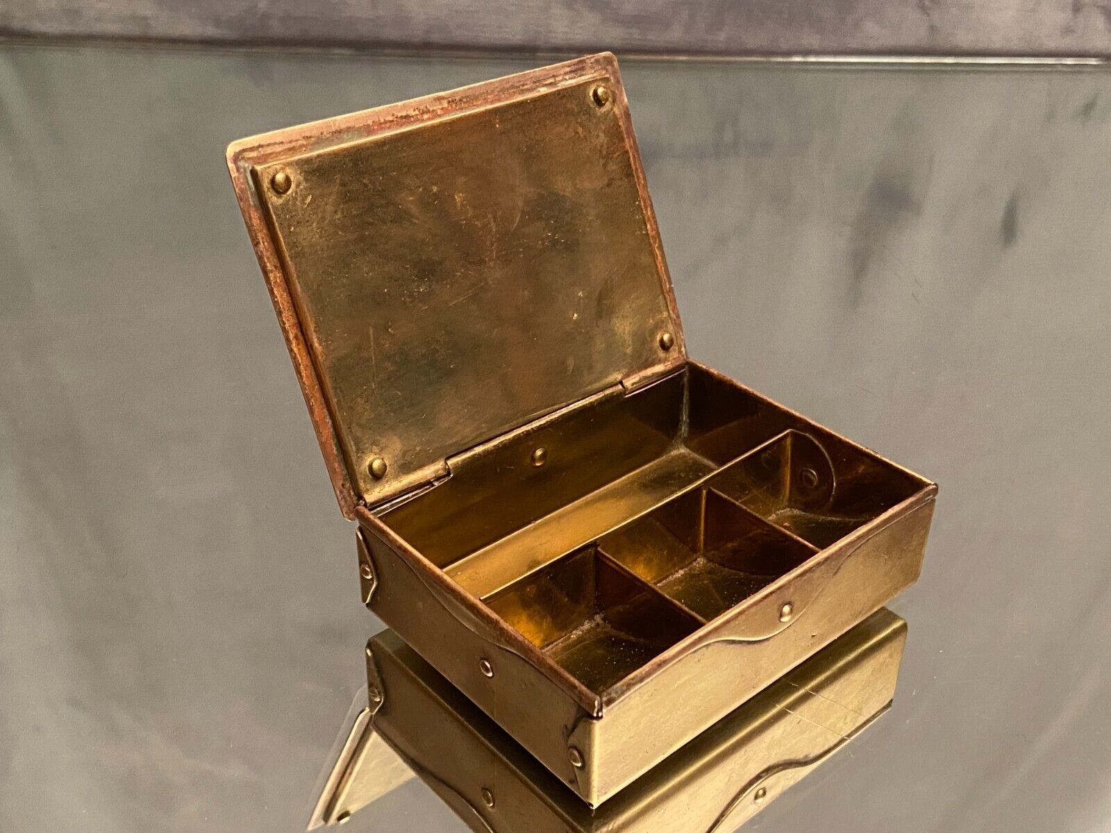 German compartmentalized stamp box early twentieth GHG Gesch holly leaf