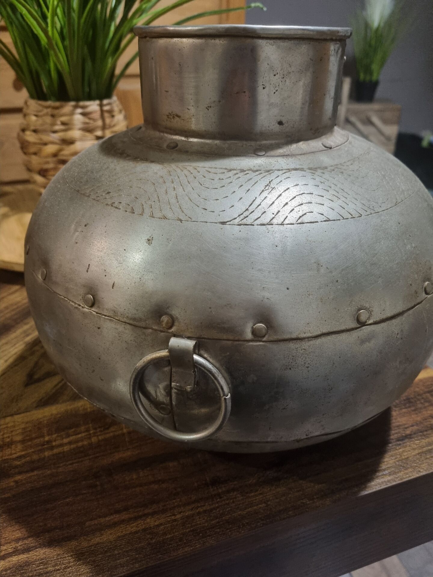 antique Indian brass tin-plated water pot vintage from Rajasthan