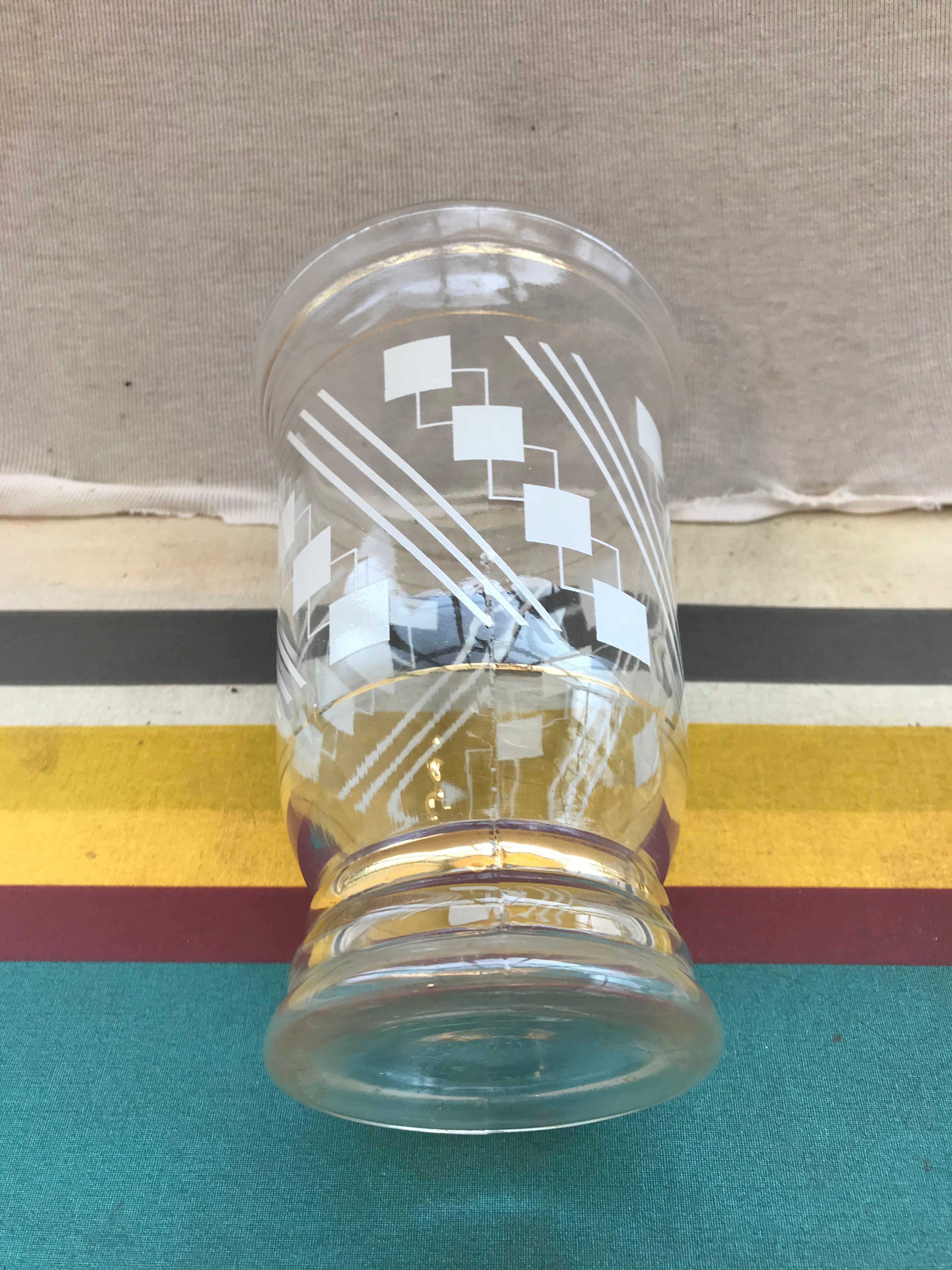 Pair Old Glass Vase Moulded Gold Decor AMORA - Vintage Geometric Design