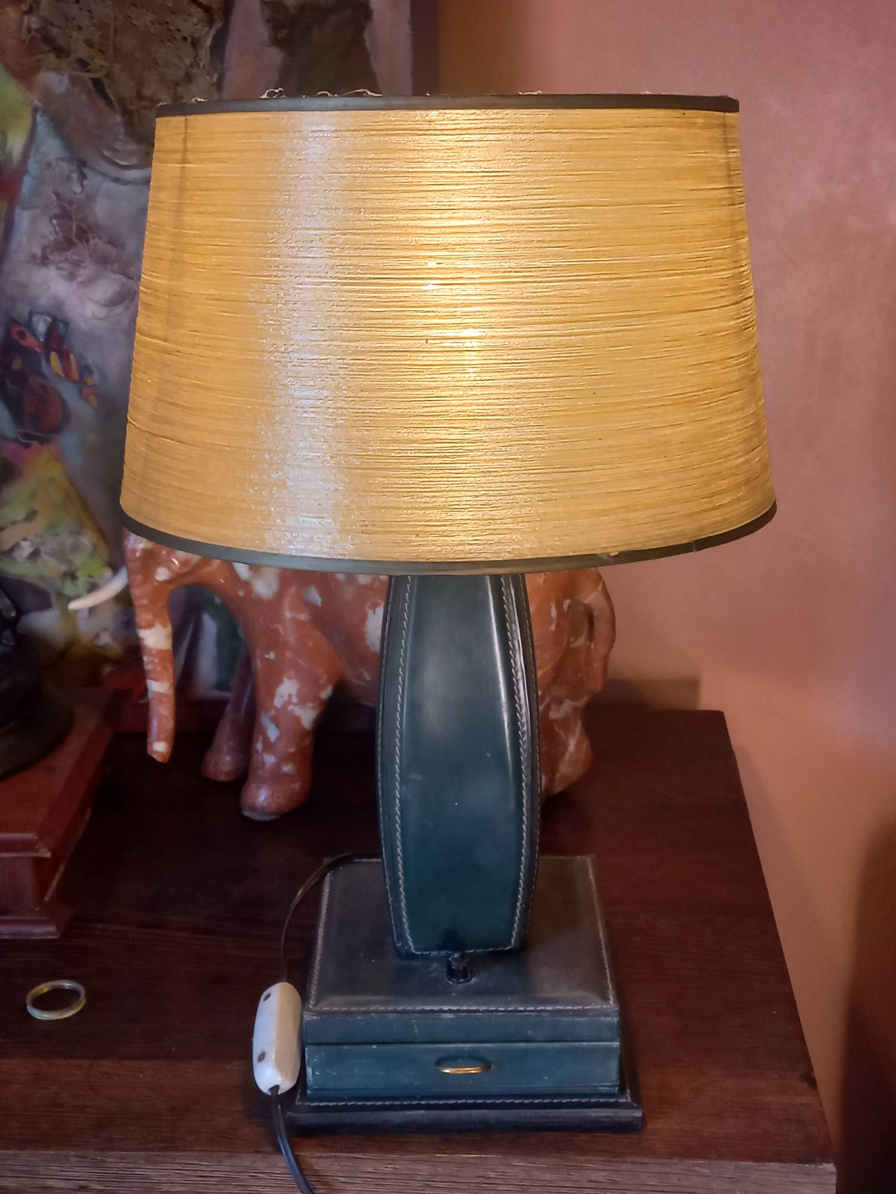 Vintage leather desk lamp with saddle stitching from the 1960s.