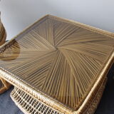 Ensemble vintage de chaises de paon en osier et table des années 60