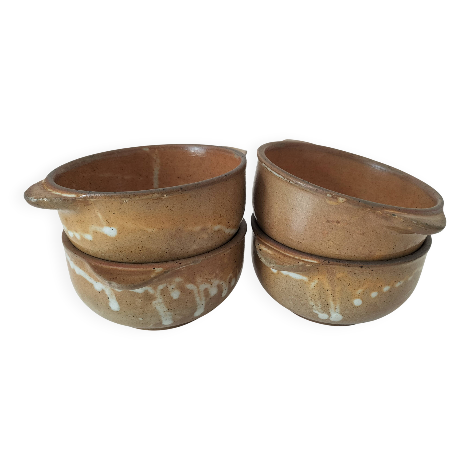 4 vintage handmade flamed stoneware ear bowls