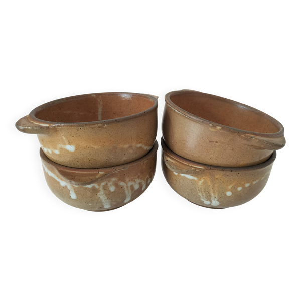 4 bols à oreilles en grès flammé artisanal vintage