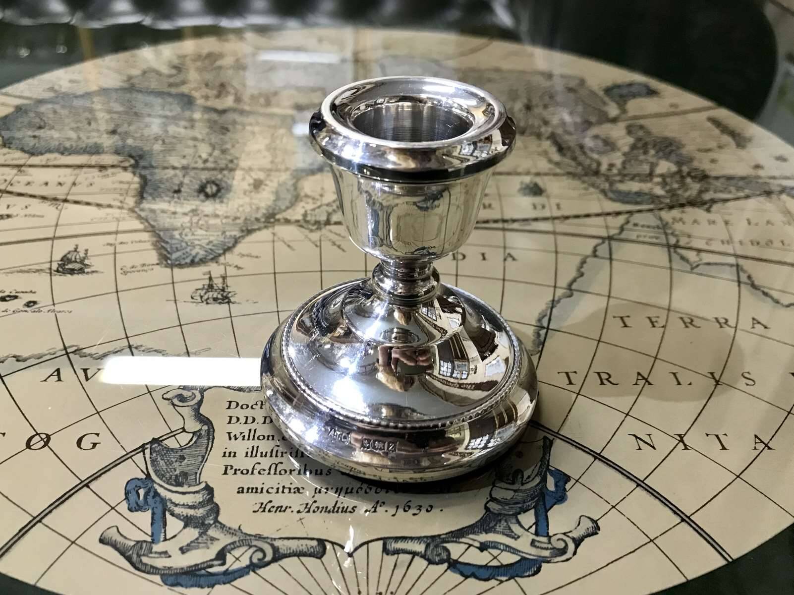 Small English silver metal candle holder from the 1950s