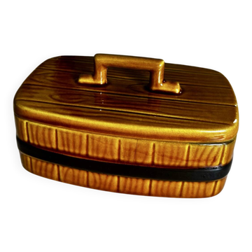 Vintage Portuguese faience butter dish with wood effect, Secla.