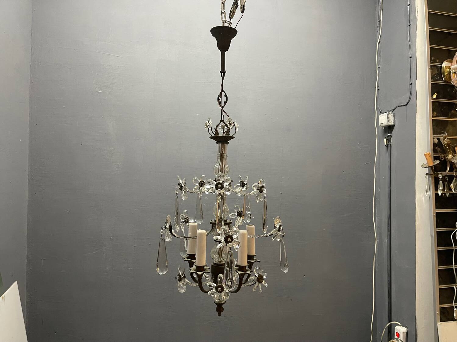 Crystal Beaded Bronze Flower Chandelier 1950s