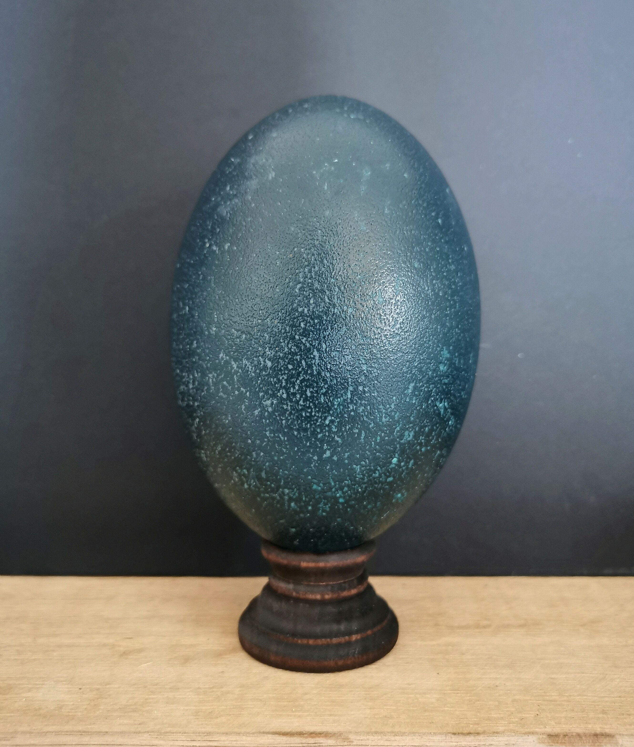 Emu egg naturally green / blue on dark wood bases