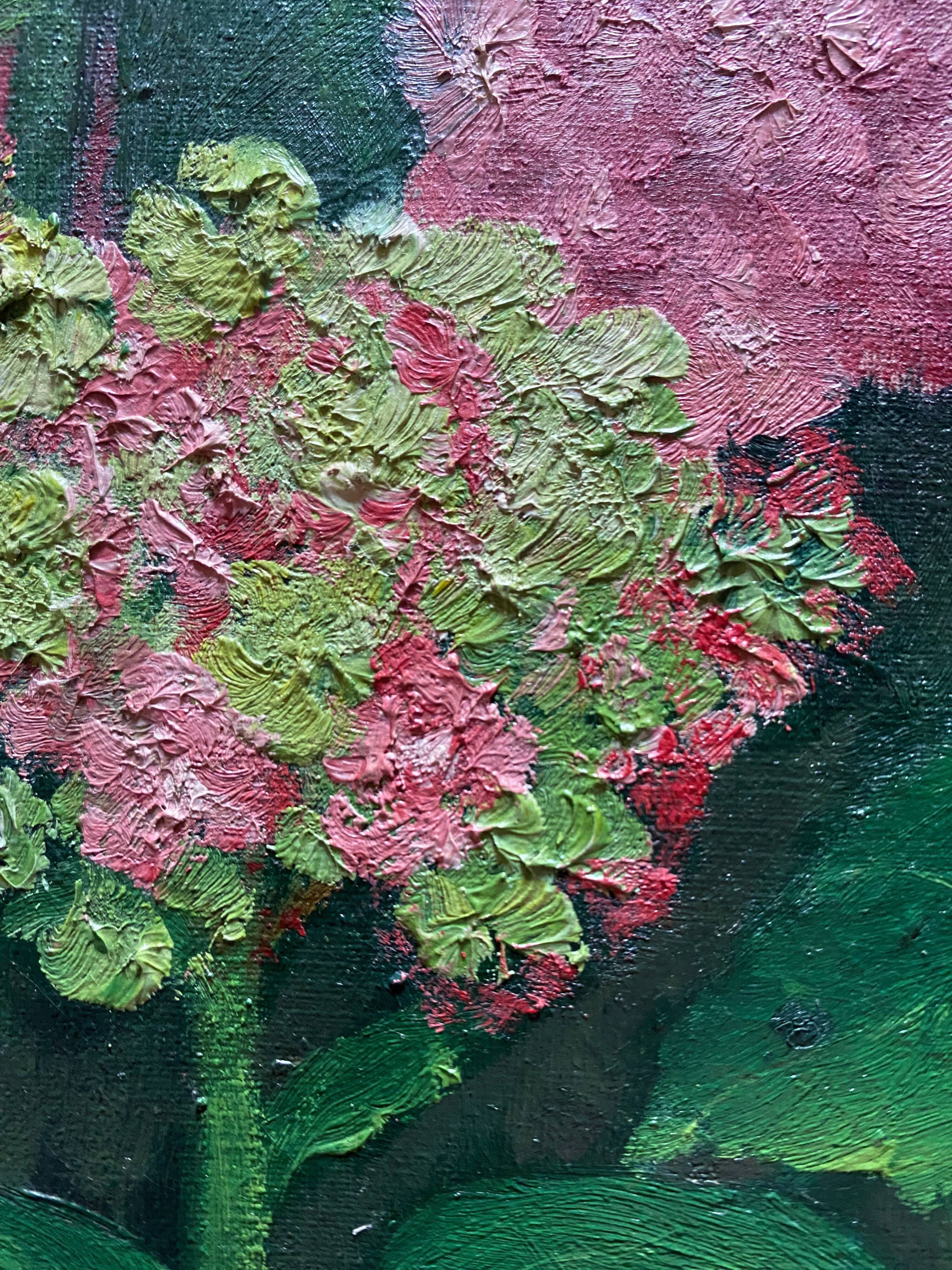 HST painting "Hydrangea Grove" signed E. Asselin mid-20th century