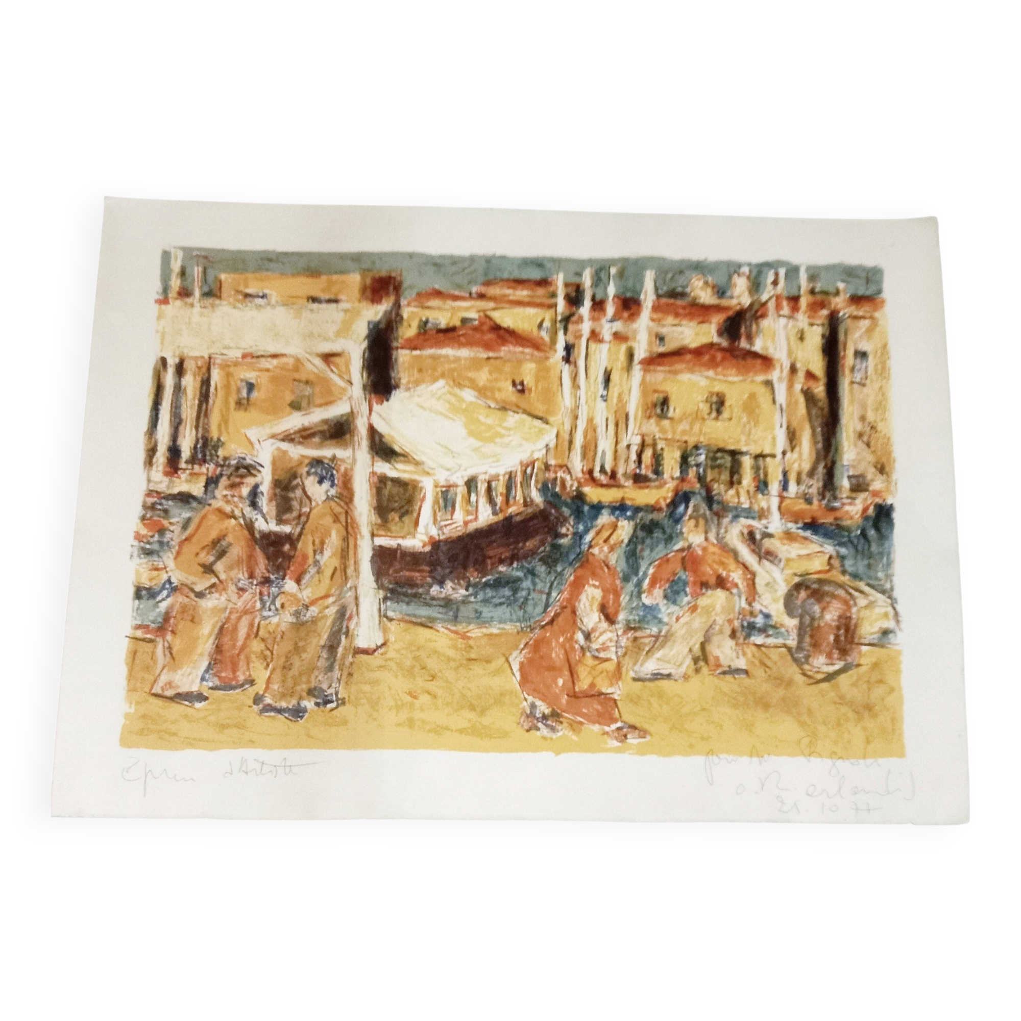 Port of Marseille, original lithograph signed by Arlandis Antoine, 1977