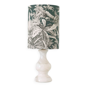 Small old lamp with white marble base and printed lampshade