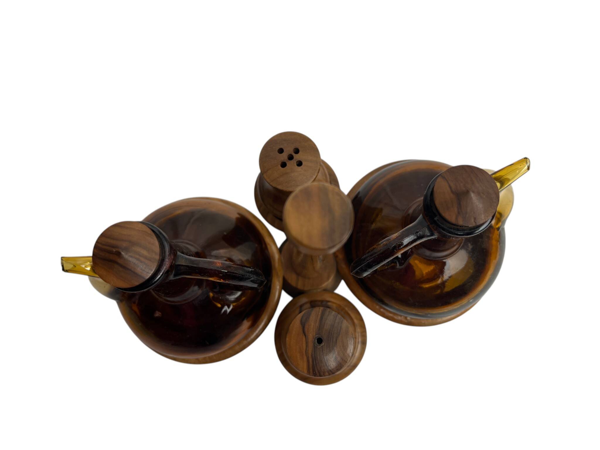 Vintage oil and vinegar server, Biot, olive wood, 20th century.