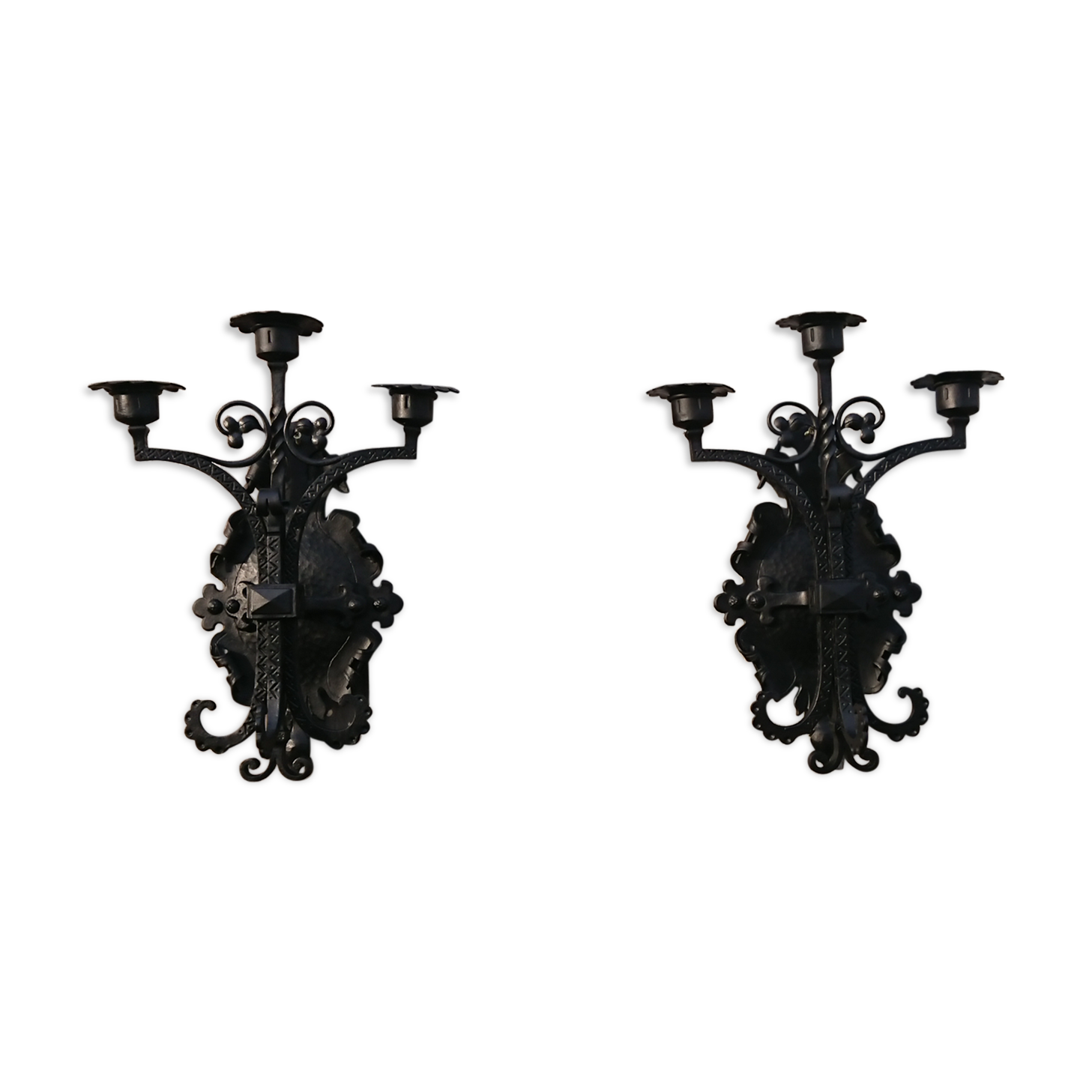 Pair of black wrought iron sconces - neo-Gothic style - from the 1950s