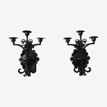 Pair of black wrought iron sconces - neo-Gothic style - from the 1950s