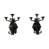 Pair of black wrought iron sconces - neo-Gothic style - from the 1950s