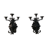 Paire d'appliques en fer forgé noir - style néo-gothique - des années 1950