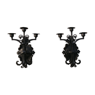 Pair of black wrought iron sconces - neo-Gothic style - from the 1950s