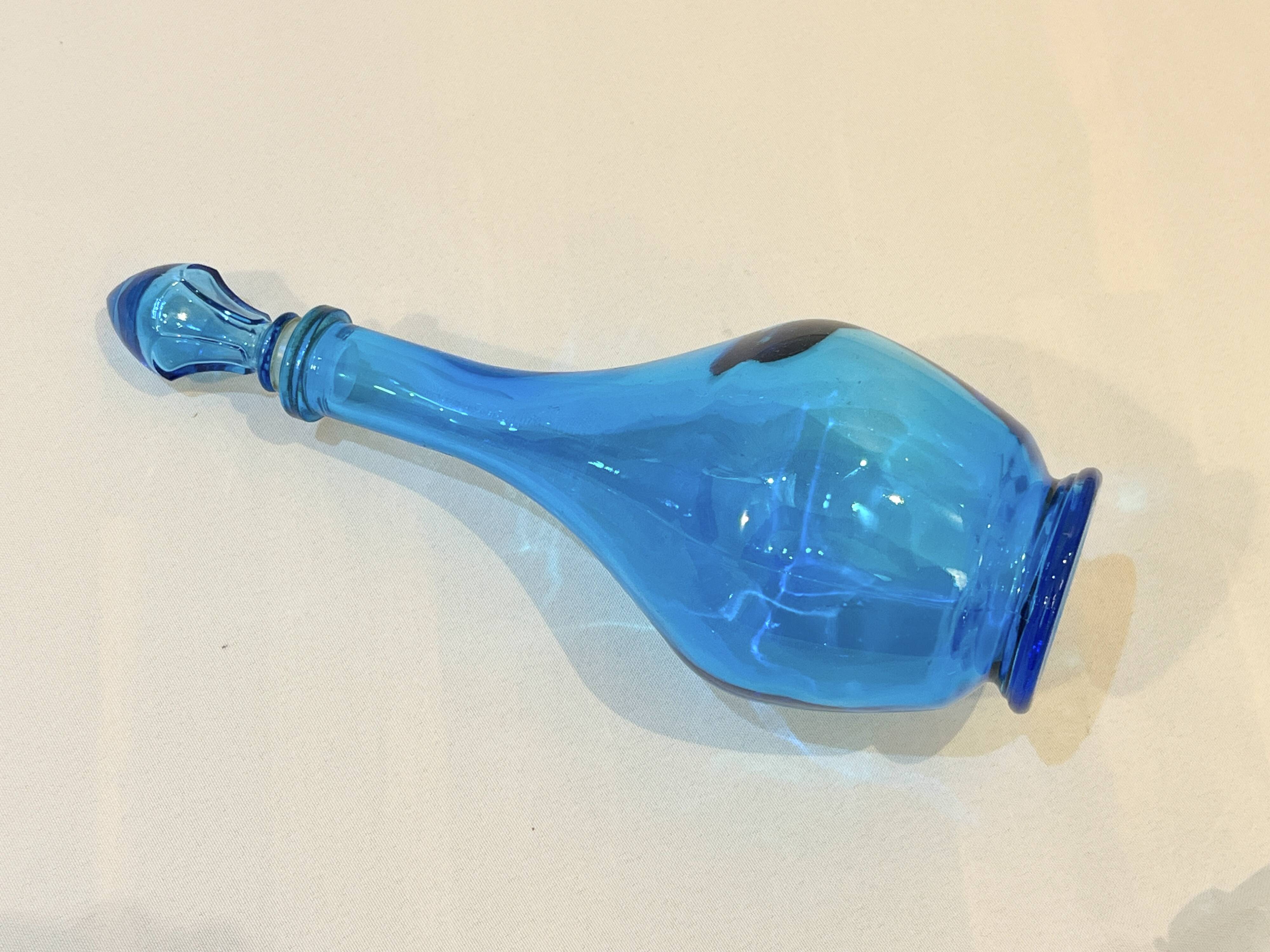Vintage blue glass bottle Carafe with stopper Made in Belgium
