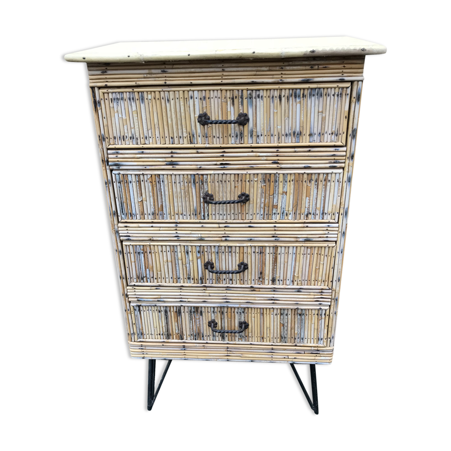 Commode en rotin tiroirs années 1960