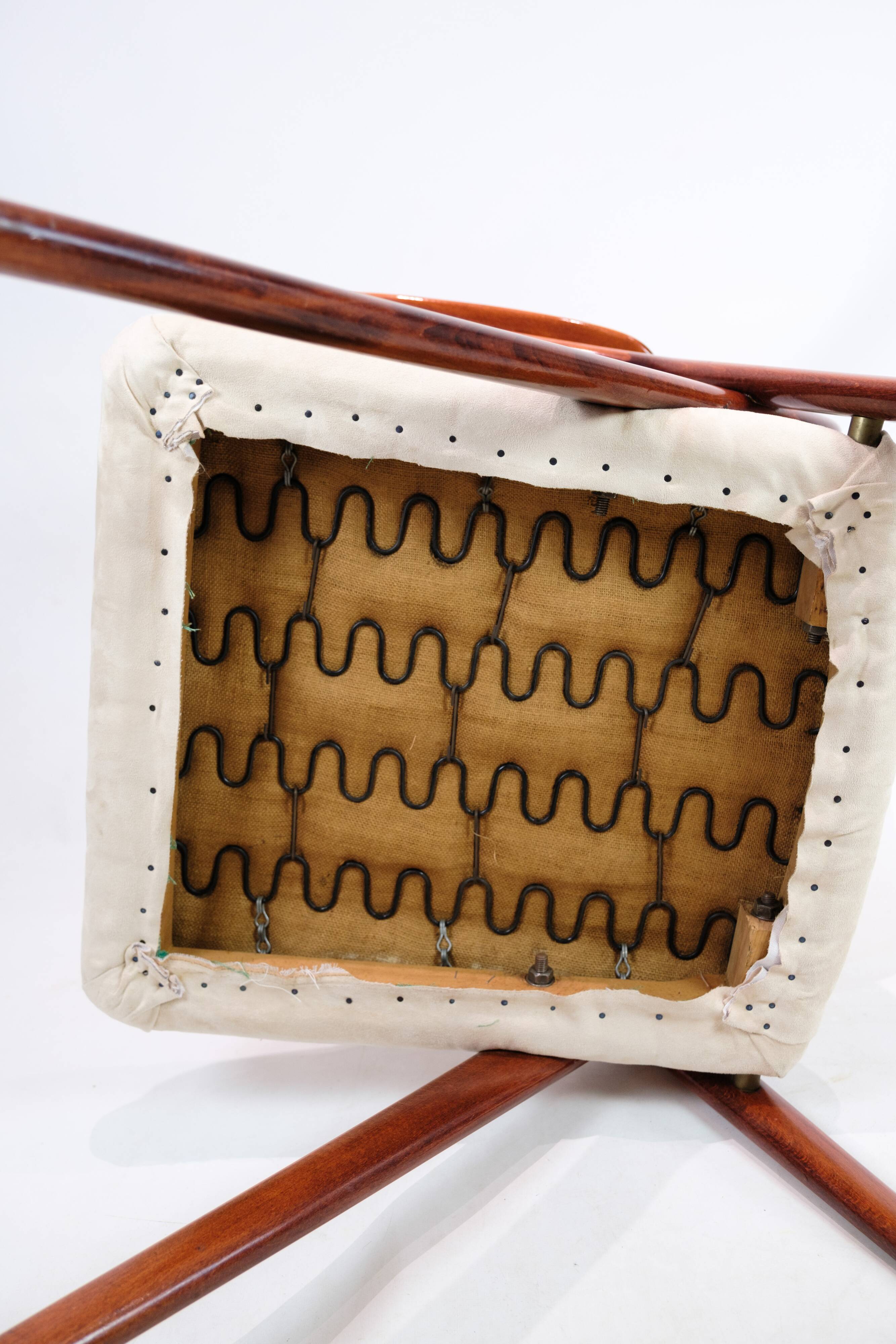 Armchair Made In Polished Dark Wood & Light Fabric By Arne Hovmand-Olsen From 1960s