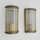 Pair of Art Deco style wall lights, brass, metal and glass GS model Vadisa. 1970s