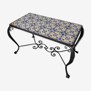 Mid century wrought iron fayence tiled coffee table