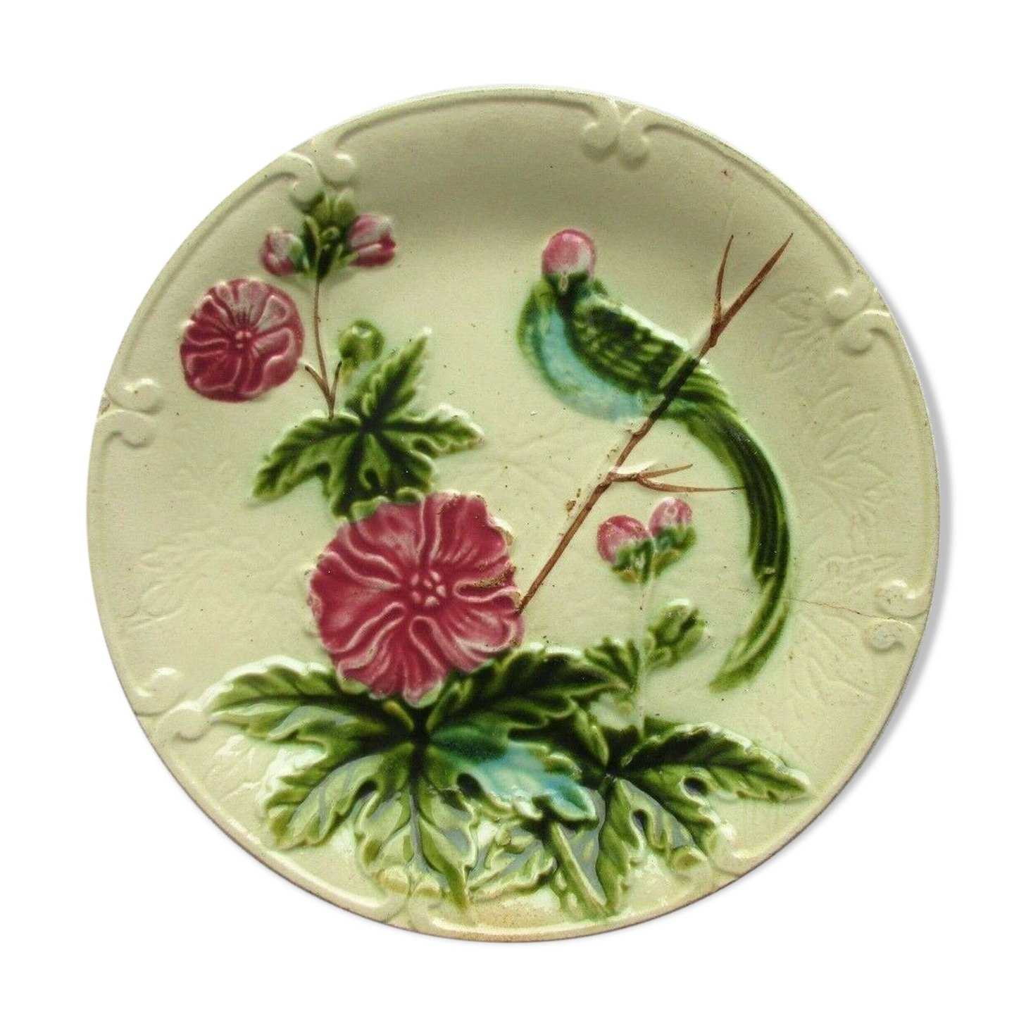 Salins art deco white dabbling plate pink parakeet and lavaters