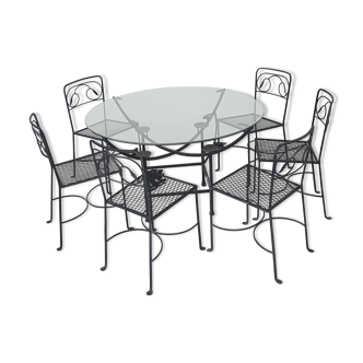 Wrought iron and glass round table & 6 chairs