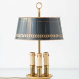 French Empire Bouillotte Lamp with Three Lights in Brass and a Gold-Plated Tin Shade with Laurel Design