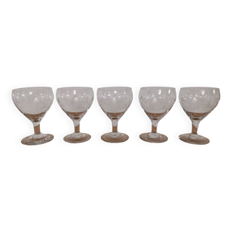 Set of 5 finely engraved vintage water glasses