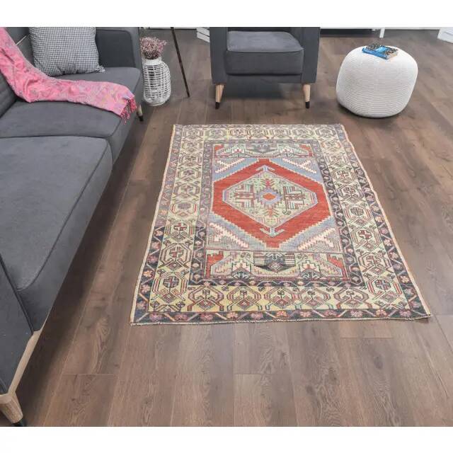 Turkish hand-knotted geometric runner rug 114x169
