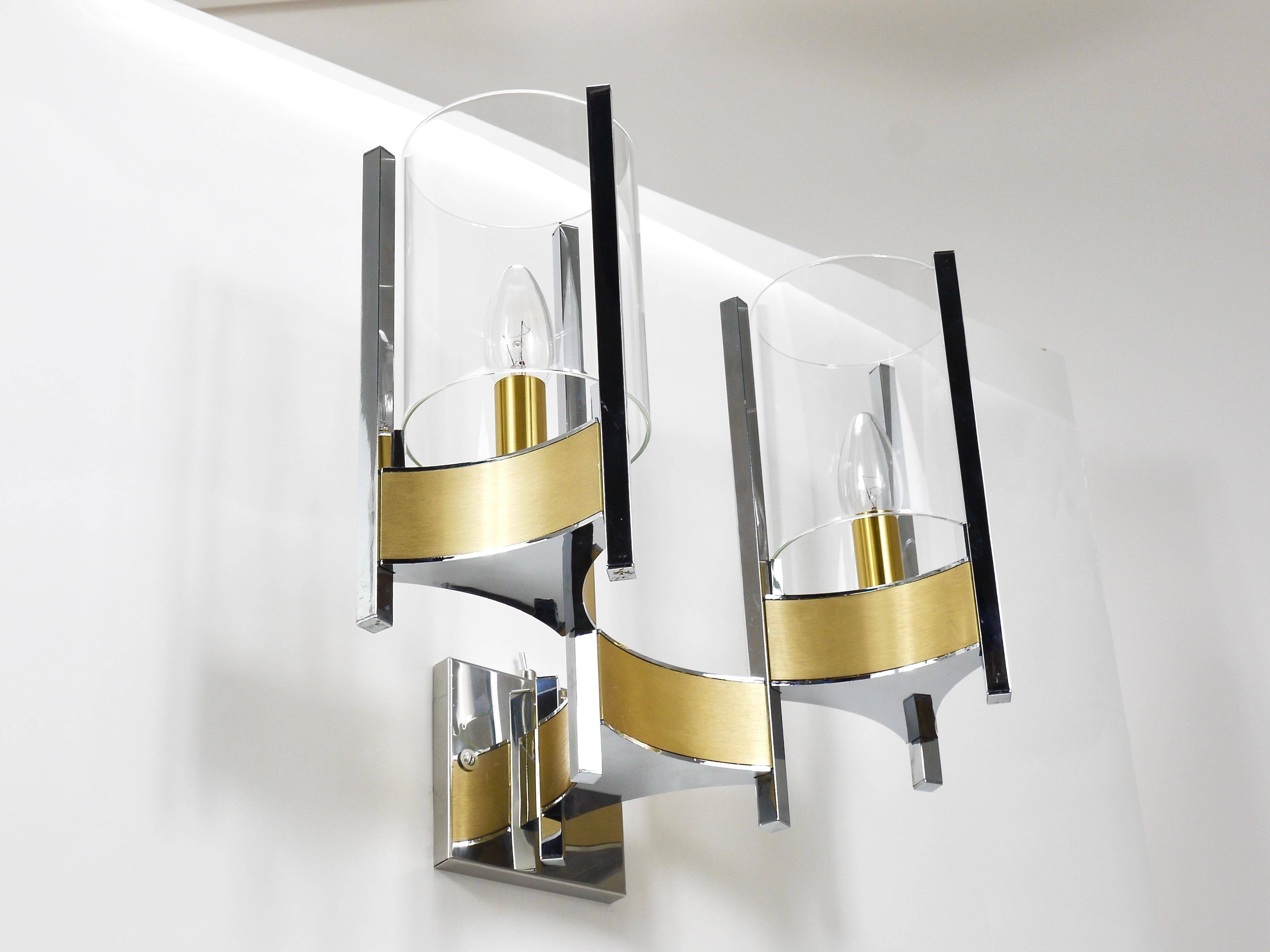 Gaetano Sciolari Large Wall Sconces / Sconces, Chrome, Brass, Glass, 1970s