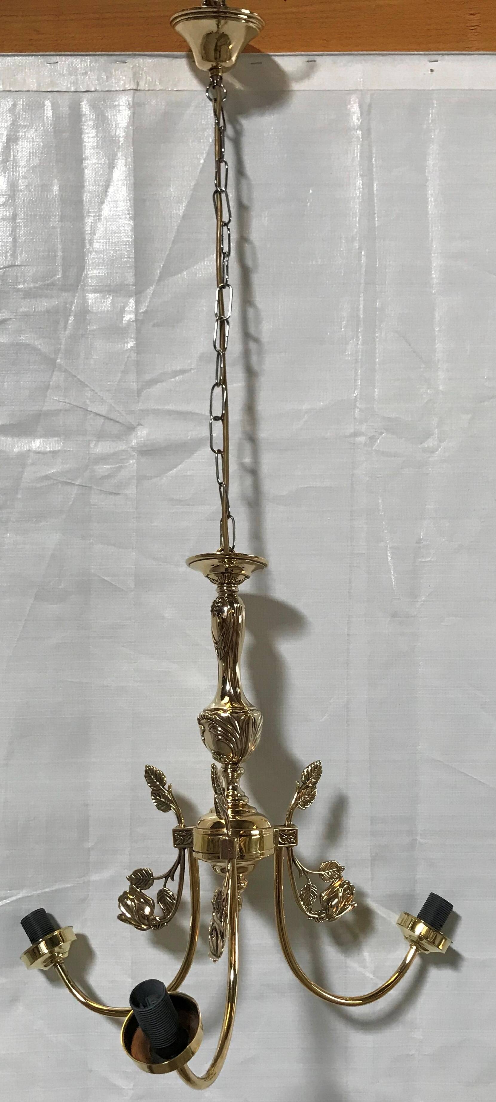 Polished Solid Brass Pendant Chandelier with Three Arms