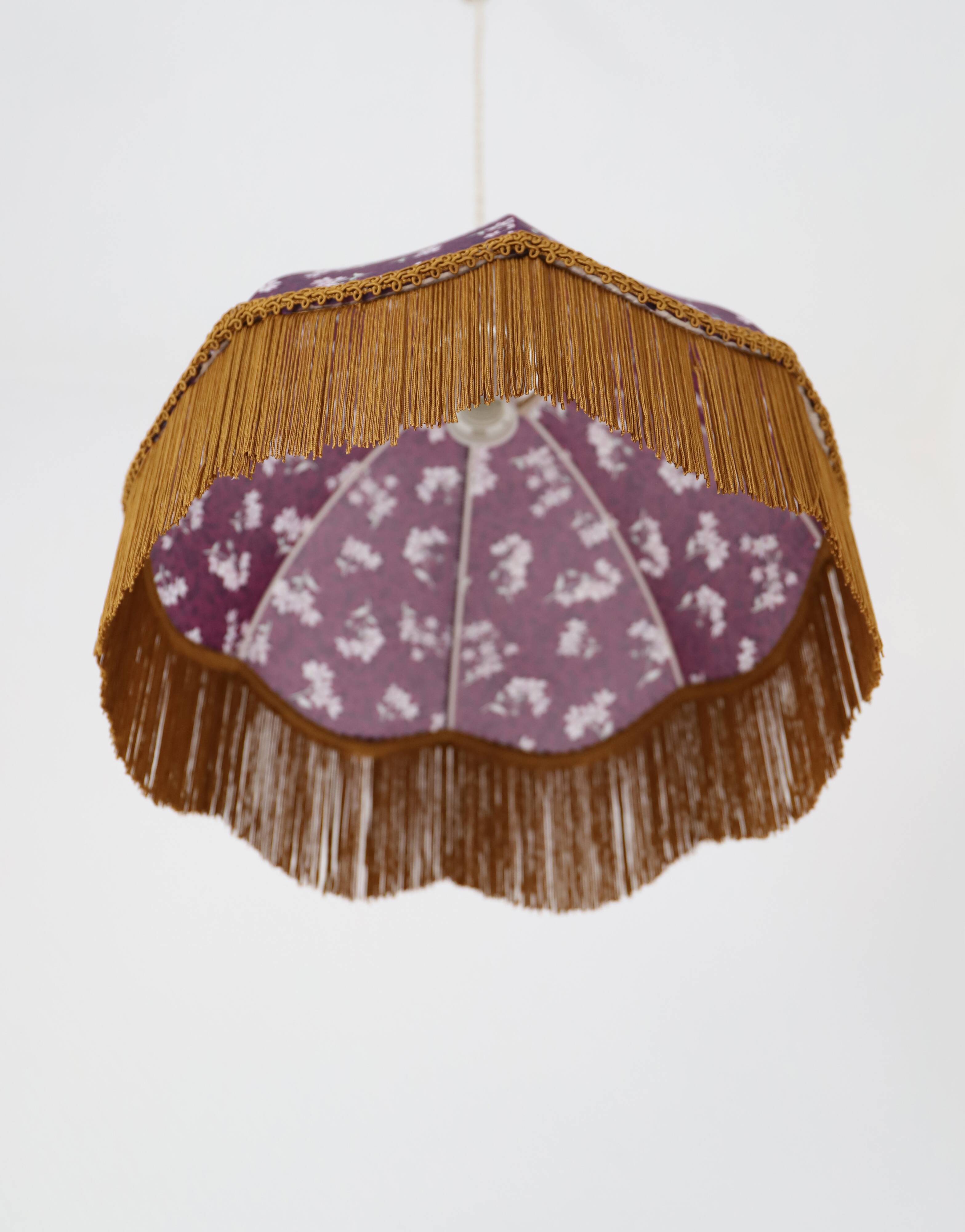 60s-70s pendant light, liberty print umbrella with fringes