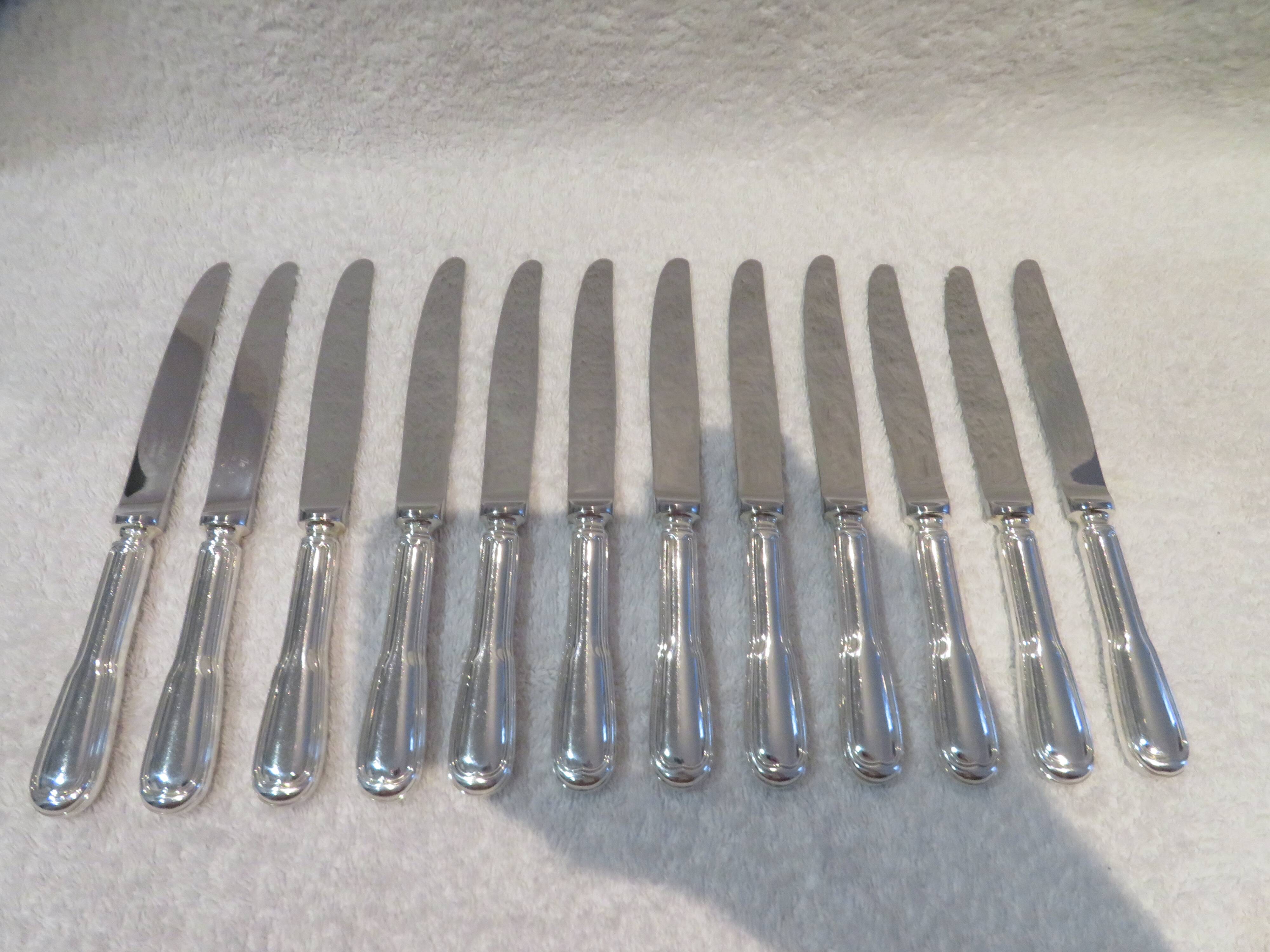 12 Christofle Chinon silver plated dessert knives, 19.7cm
