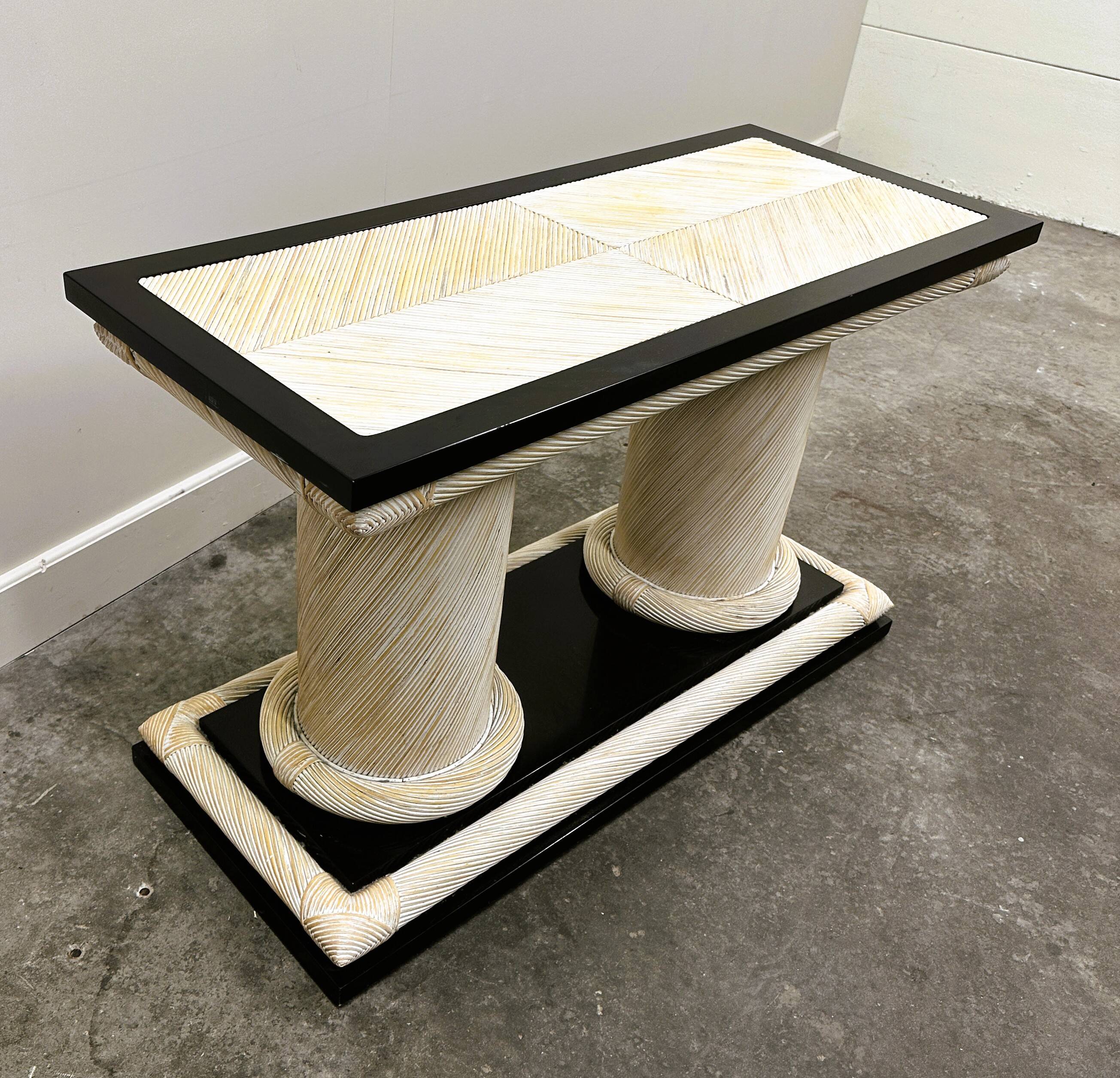 1970s Howard Dilday Organic Rattan Console Table with Black Lacquer Border.
