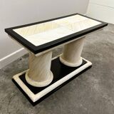 1970s Howard Dilday Organic Rattan Console Table with Black Lacquer Border.